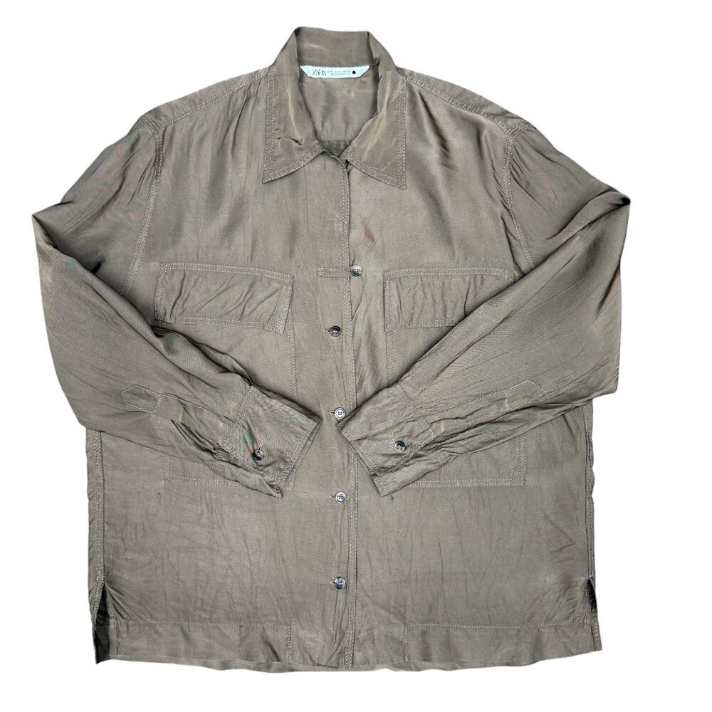 Women's ZARA Button Down Shiny Brown Dress Shirt- Size Small‎
